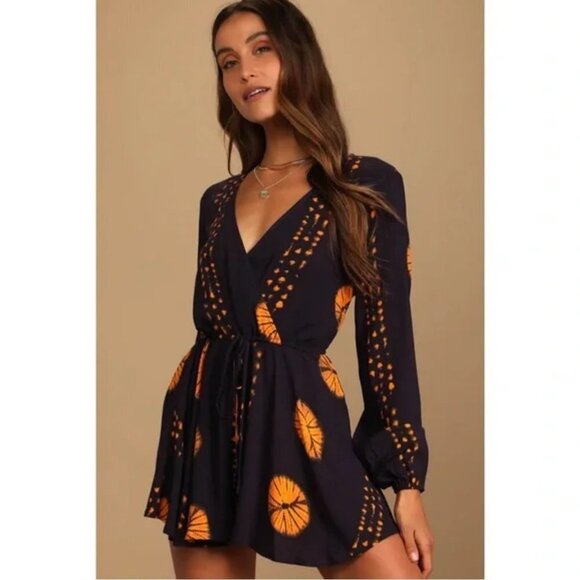 Lulus Adventuresome Dark Purple & Orange Tie-Dye Long Sleeve Romper Size XS - Picture 3 of 14